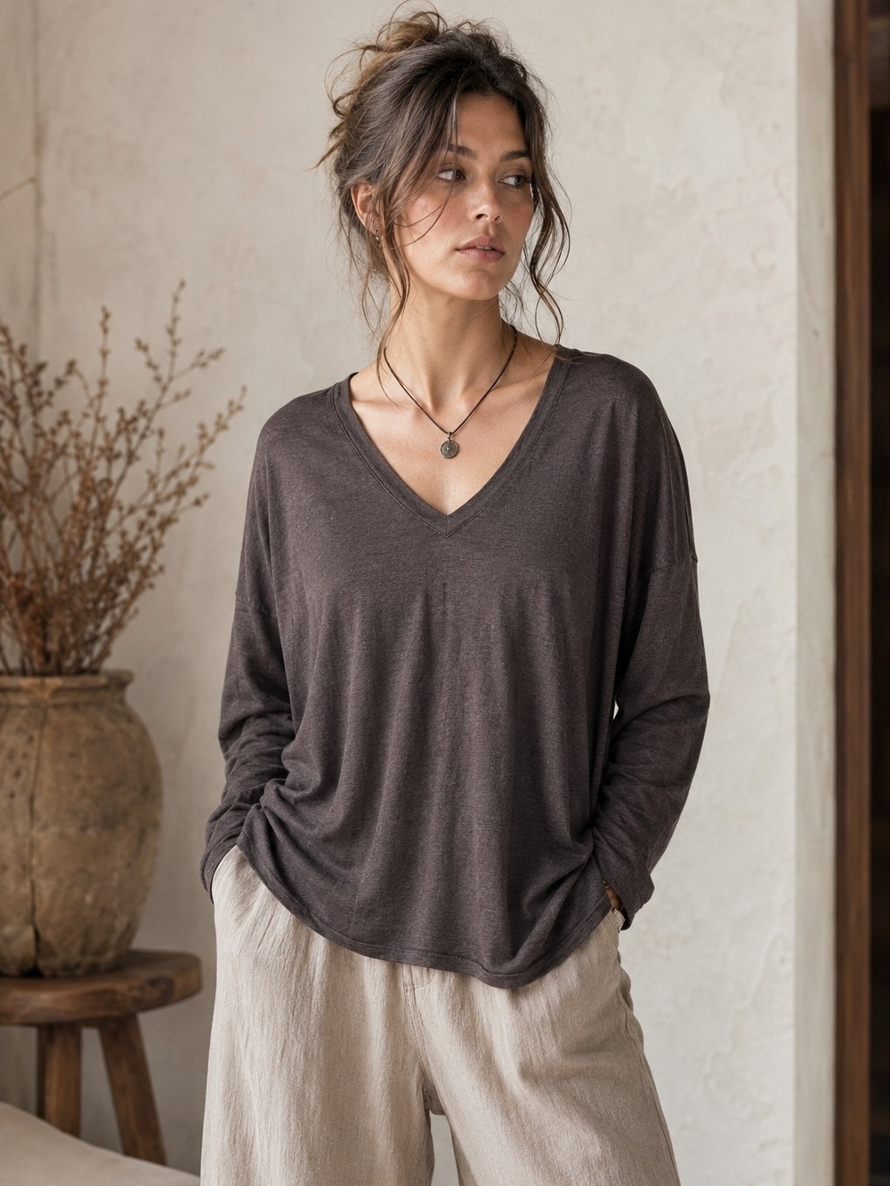 Relaxed V-Neck Long Sleeve Top - Charcoal